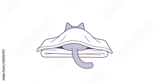 A cartoon cat is hiding under a white blanket on a folded blanket, only its ears and tail are visible.