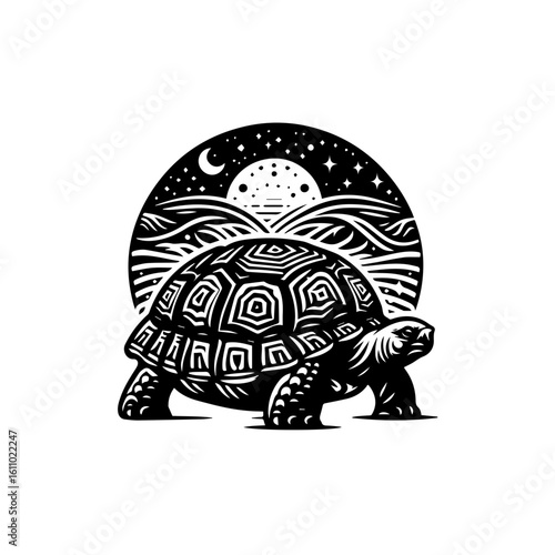 A tortoise walks under a starry night sky