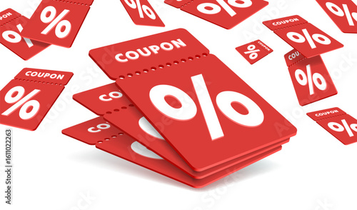 Red coupons with percentage fly away on white background. Vector illustration