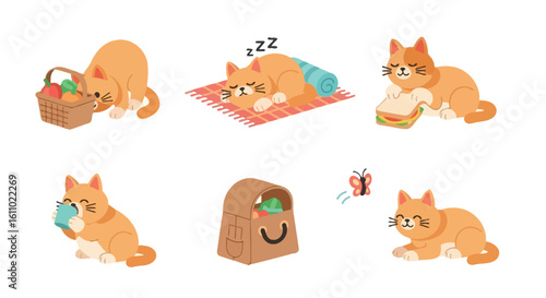 Illustration of various fast food items including sushi, burgers, croissant, fries, and pizza, arranged in two rows on a white background.