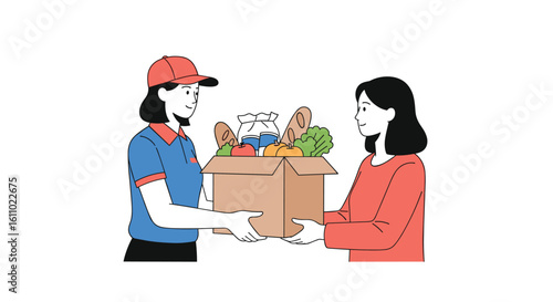 Delivery person handing a box of groceries to a customer receiving fresh food from an online order