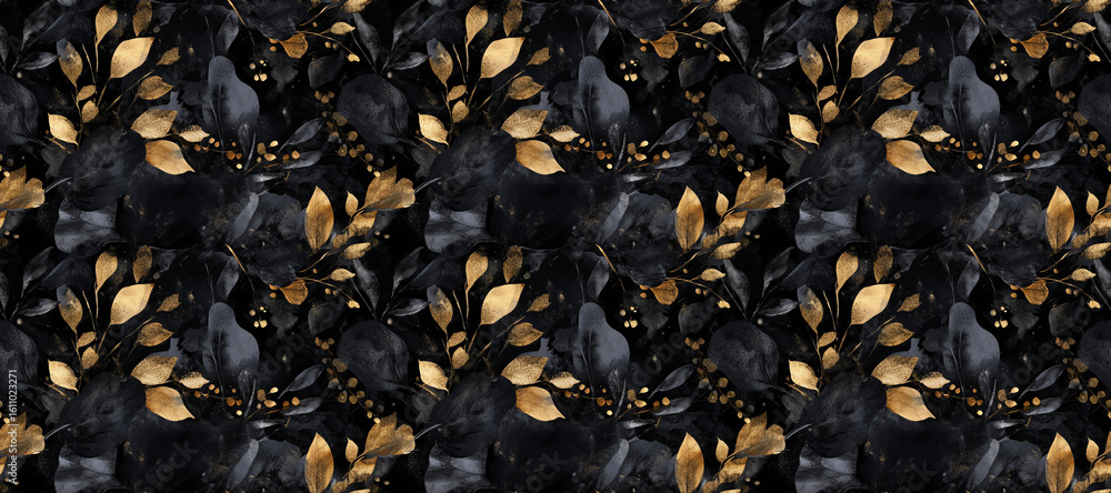 Obraz premium Golden Elegance: A symmetrical arrangement of luxurious gold leaves and dark foliage, embodying sophistication and opulence. This opulent and elegant presentation will leave its mark on your design.