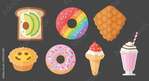 Illustration of various fast food items including sushi, burgers, croissant, fries, and pizza, arranged in two rows on a white background.