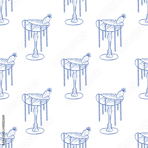 Vector seamless pattern with blue glass, whimsical shell glass with strawberry.