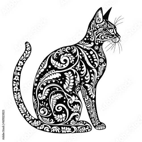 Wallpaper Mural Ornamental Cat Vector – Intricate Black and White Zentangle Style Feline Illustration with Floral and Paisley Patterns Torontodigital.ca