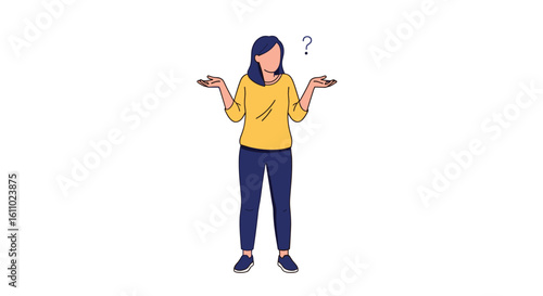 A person shrugging with arms outstretched to the sides and a question mark above their head symbolizing confusion and uncertainty about a decision or situation.
