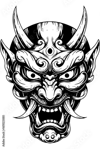 Striking demonic mask illustration in woodcut style with bold, clean lines. Mythical monster face featuring horns, fangs, and intricate patterns. Black and white fantasy art.