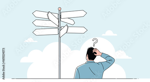 Man standing before a crossroads signpost feeling confused about which direction to take in life