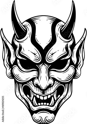 Fierce Demonic Mask in Woodcut Style: Intense mythological creature illustration with sharp fangs, horns, bold clean lines.