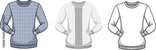 CAD drawing flat vector illustration of winter sweaters, front view display, diamond knit, cable knit detail, plain pullover, fashion design sketch, apparel mockup, cozy wear