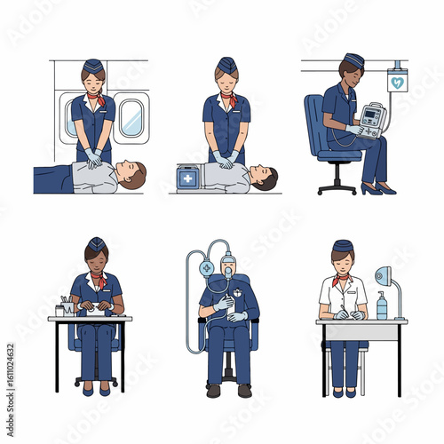 Flight Attendant Emergency Response and Service Duties Illustration Set