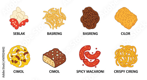 Illustration of various fast food items including sushi, burgers, croissant, fries, and pizza, arranged in two rows on a white background.