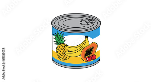 Canned tropical fruit salad featuring pineapple bananas papaya cherries and exotic blend in a metal container