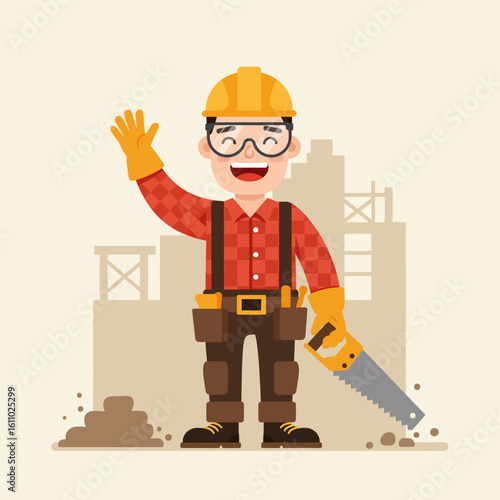 Cheerful Carpenter Waving and Holding Saw – Flat Vector Illustration