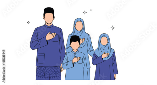 A muslim family dressed in traditional islamic clothing stands together holding their hands over their hearts in a show of unity and love
