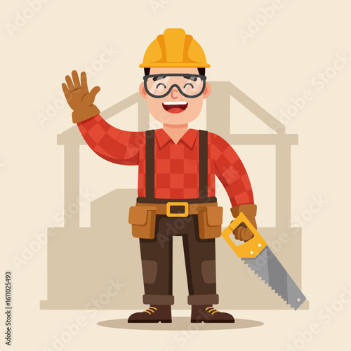 Cheerful Carpenter Waving and Holding Saw – Flat Vector Illustration