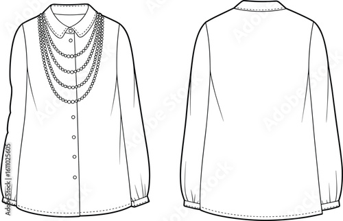 CAD drawing flat vector illustration of women’s blouse design, chain embellishments, pointed collar, buttoned front, stylish fashion sketch layout 