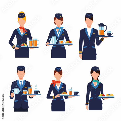 Professional airline cabin crew serving drinks and food, a collection of flat vector illustrations depicting various flight attendants and their in-flight service duties.