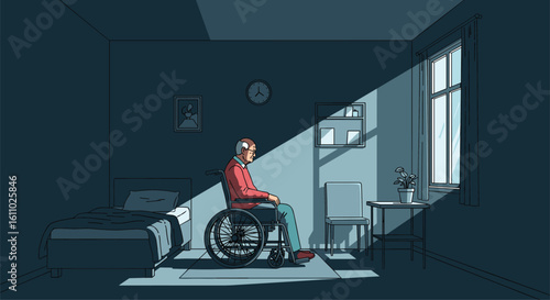 A lone figure in a wheelchair sits by a sunlit window casting long shadows across a dimly lit room illustrating themes of isolation and quiet reflection
