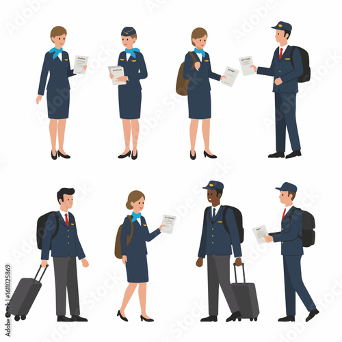 Flat Design Illustration Set of Airline Crew Characters: Pilots and Flight Attendants in Various Poses with Documents and Luggage