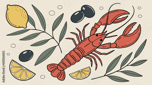 Seafood illustration of lobster with lemon and olives mediterranean cuisine art design