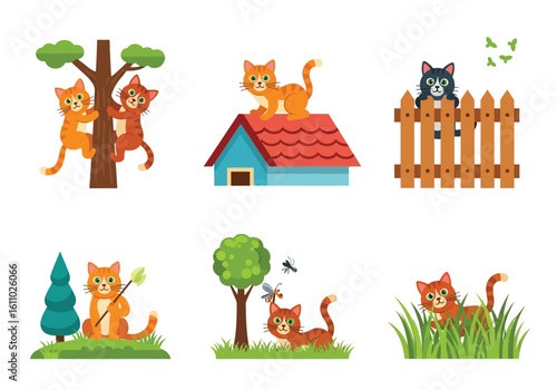 Cartoon cats engaging in various outdoor activities: climbing, perching, and exploring.