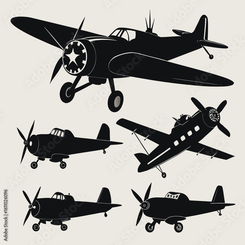 Isolated vector silhouettes of military helicopters and airplanes in flight, perfect for aviation transport illustrations
