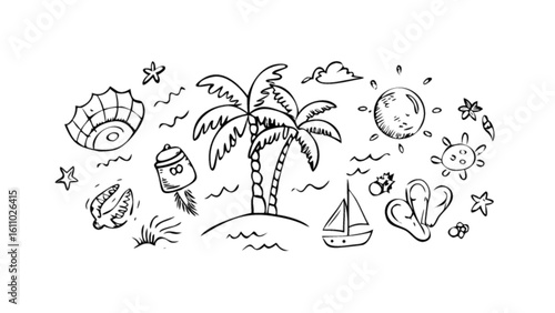 Hand drawn summer beach scene with palm trees sun boat and sea life vector illustration