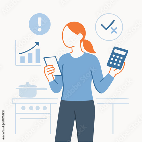 Flat Style Detail Woman Analyzing Finance with Calculator in Kitchen Illustration
