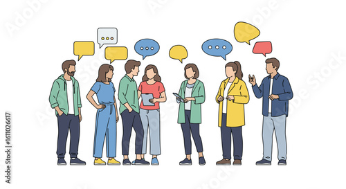 Diverse group of people engaged in lively conversation and discussion with speech bubbles above their heads illustrating communication and ideas exchange