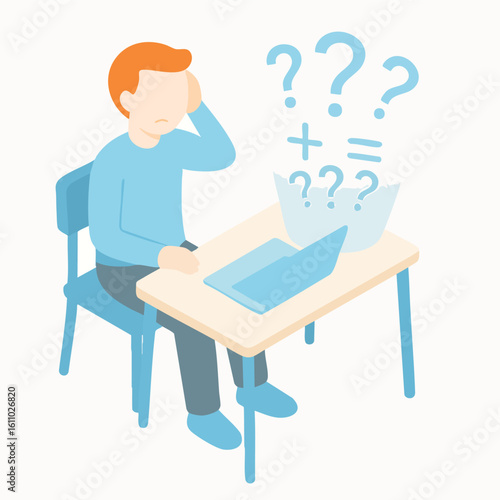 Flat Isometric Frustrated Man Having Difficulties with Math Problems Illustration