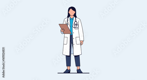 A medical professional in a white coat with a stethoscope reviews patient records on a clipboard while standing.