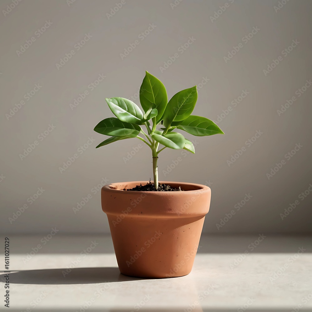 Obraz premium Small Green Plant in Terracotta Pot on White Surface – Minimalist Nature Concept