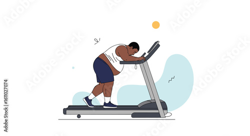 Man exhausted on treadmill struggling to continue his intense cardiovascular workout routine