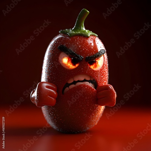 Animated Red Pepper with Fiery Eyes and Fists Demonstrating Inte