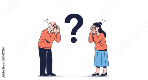 People in distress confused by a large question mark above their heads illustrating a moment of uncertainty and doubt