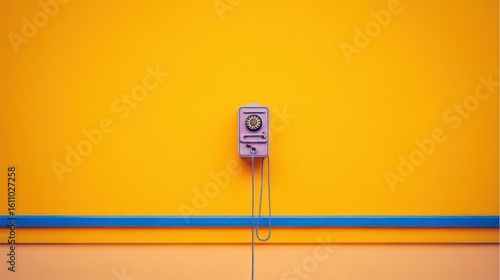 A minimalist digital rendering showcases a pastel-purple rotary phone mounted on a vibrant yellow wall, accented by a horizontal blue stripe near the base