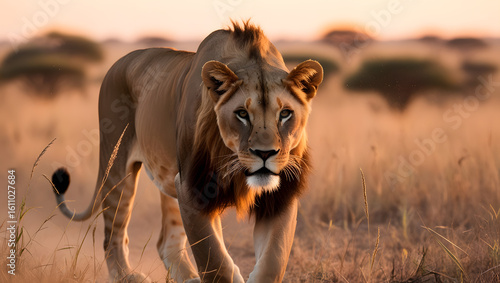 Wallpaper Mural Powerful Male Lion Staring Directly, Captured in Golden Savanna Light, Showcasing Strength and Majesty. Torontodigital.ca