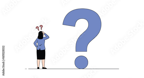 Confused woman ponders a giant question mark seeking answers and solutions to difficult problems