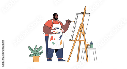 Artist focused on the creative process using an easel and paintbrush for their masterpiece