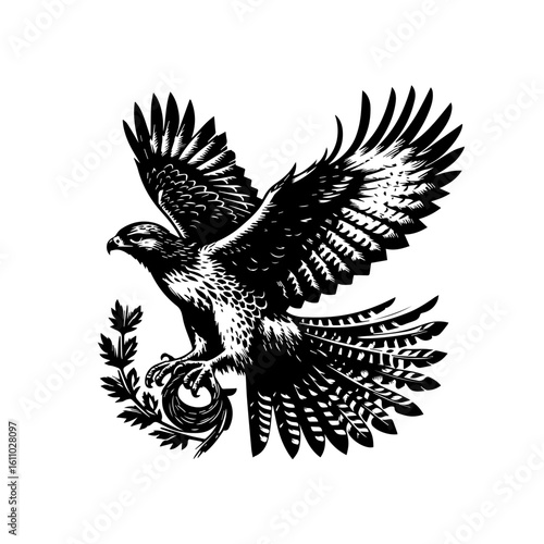 Eagle clutching a laurel branch in flight