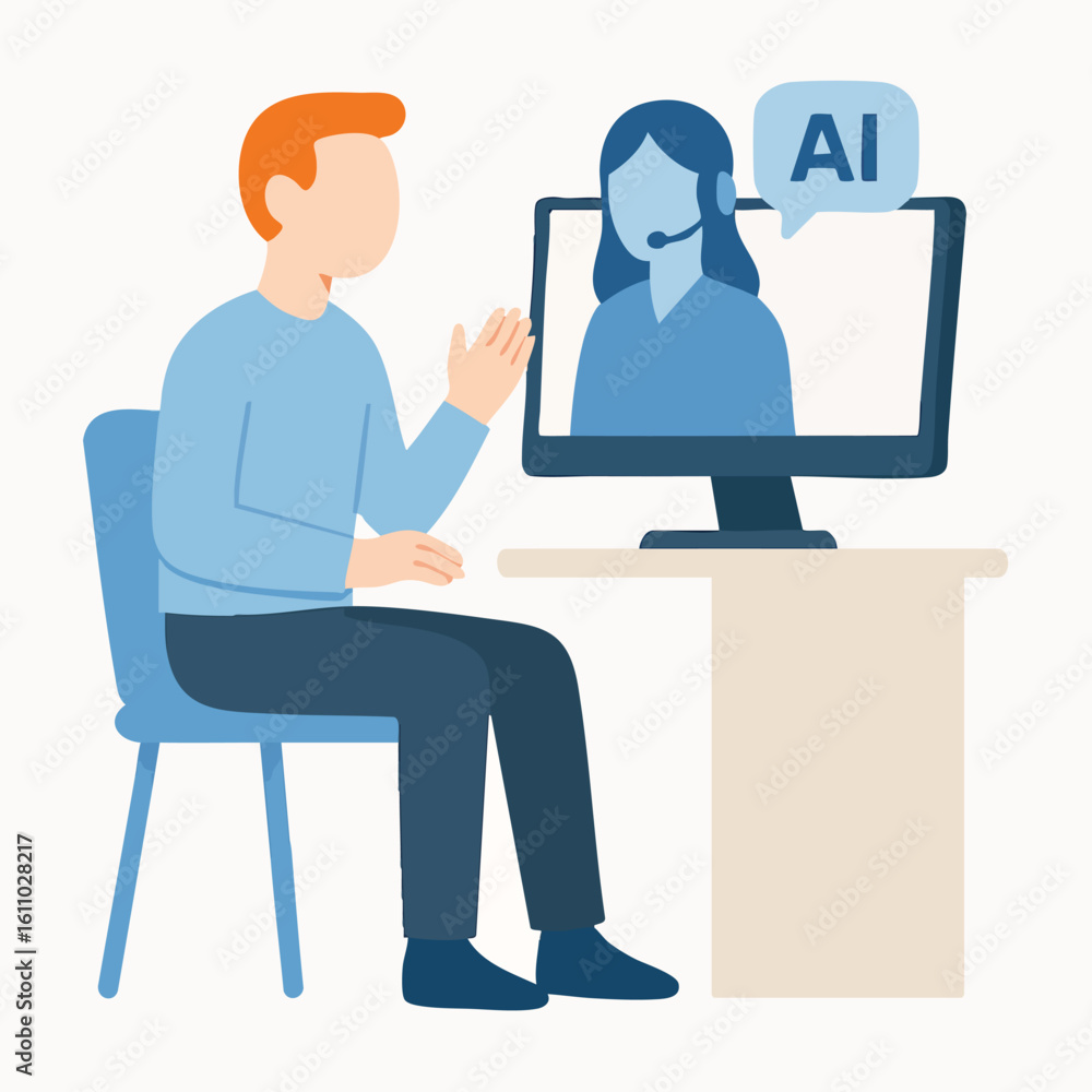 Obraz premium Flat Illustration Man Talking with AI Customer Service on Computer