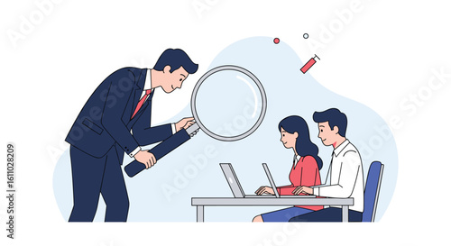 Observing employees working on laptops under the magnifying glass of a supervisor leading to improved productivity and performance
