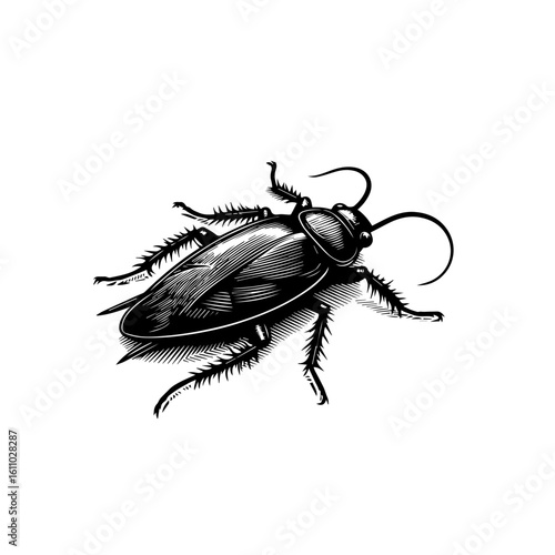 A detailed black and white illustration of a cockroach