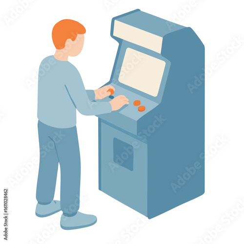 Isometric Character Playing Classic Arcade Game Machine Illustration Style