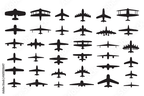 Various airplane silhouettes in black and white aircraft aviation