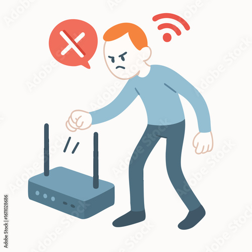 Cartoon Style Frustrated Man with Router Bad Wifi Connection Illustration