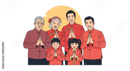 Wallpaper Mural Joyful lunar new year celebration with a multi-generational family in traditional red attire offering warm greetings and blessings Torontodigital.ca