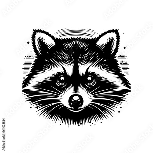 A striking black and white illustration of a raccoon
