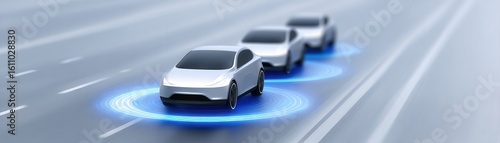 A convoy of self-driving cars moving seamlessly on a highway, showcasing advanced technology in motion. Each car emits a visual radar showing the route